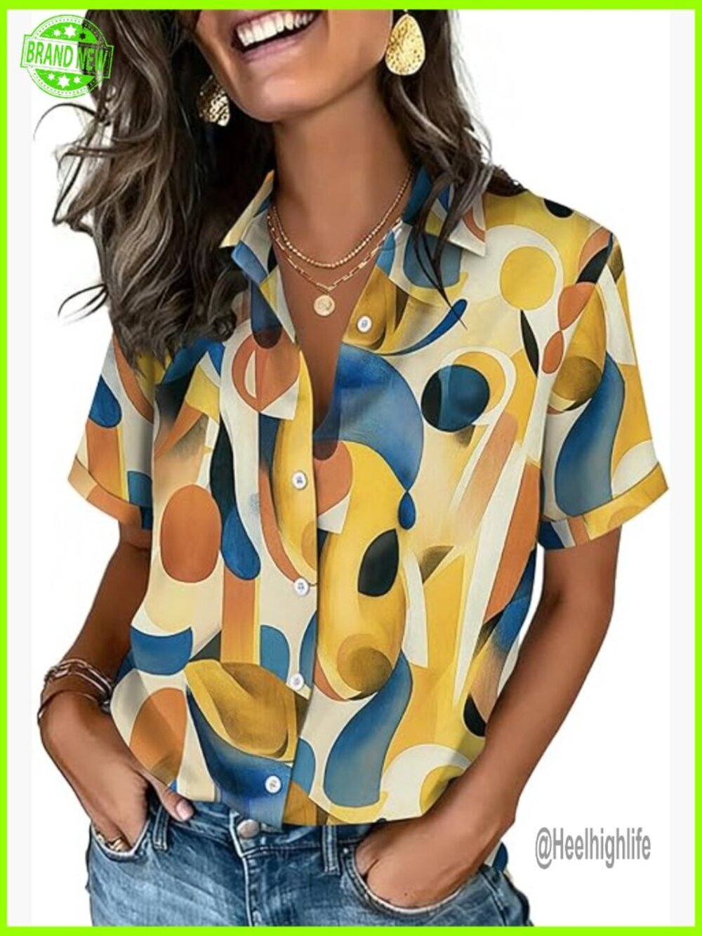 Womens Short Sleeve Button Down Blouse V Neck Collared Top Dressy Casual